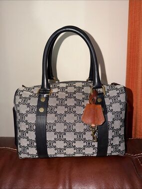 ‼️Authentic Vintage Celine Macadam Canvas Leather Trim Boston Satchel Handbag